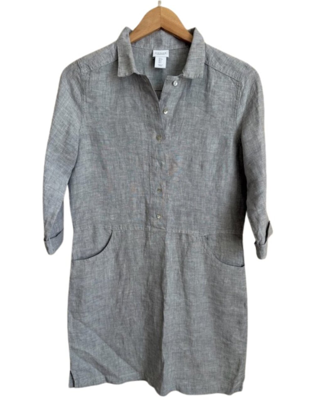 Kenar Linen Shirt Dress Small Gray 100% Linen Collared Mini Pockets Coastal